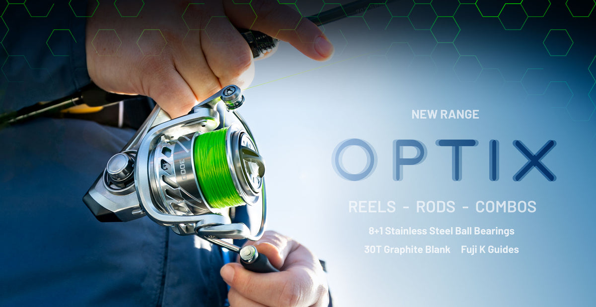 A person holding a new Bite Science Optix Spin Combo, alongside large text reading 'OPTIX' and smaller text 'NEW RANGE REELS - RODS - COMBOS' on a blue background.